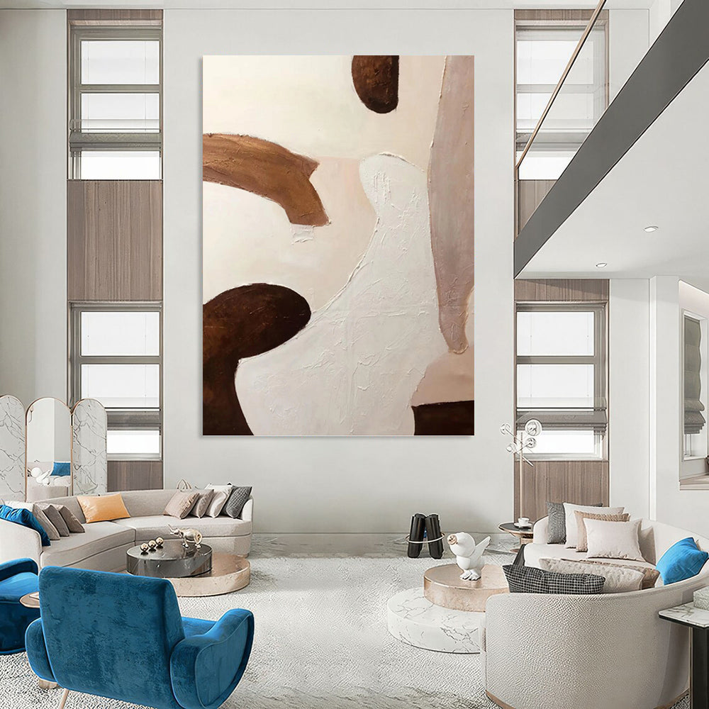“White - Brown Textured Shapes” - Impasto Abstract Painting On Canvas PT1180