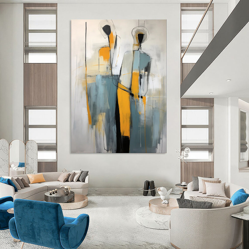 “Abstract Gray - Yellow Human Forms” - Figurative Abstract Painting On Canvas PT1880