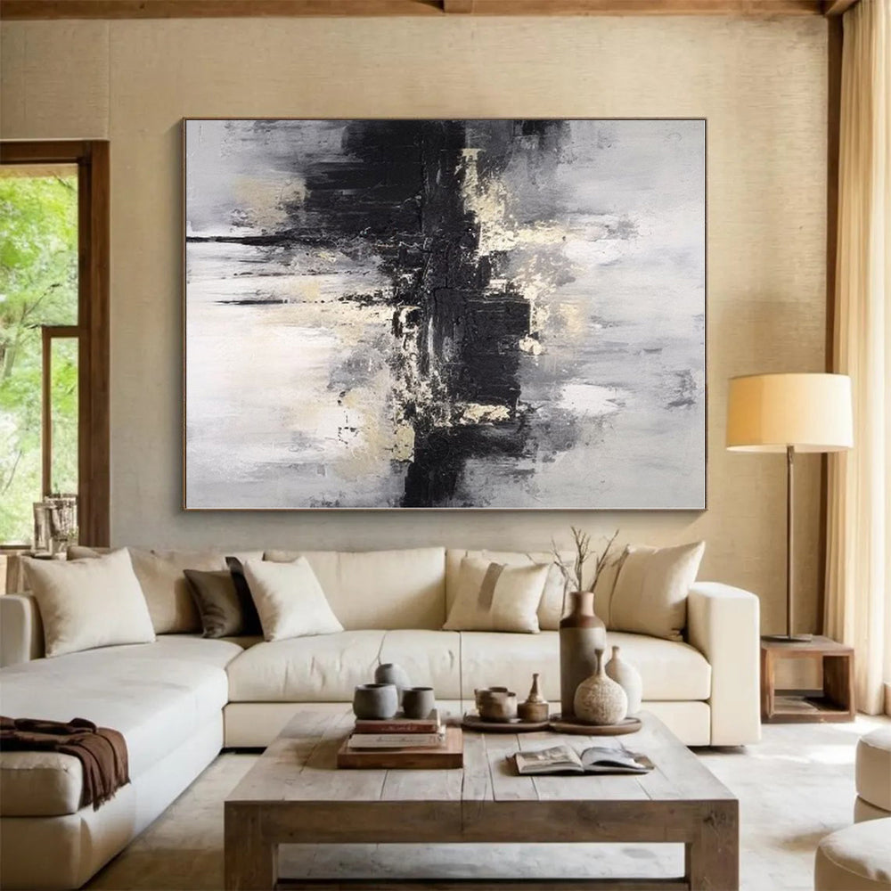 “Monochrome Textured City” - Black, White, Gray Abstract Cityscape Painting On Canvas PS0546