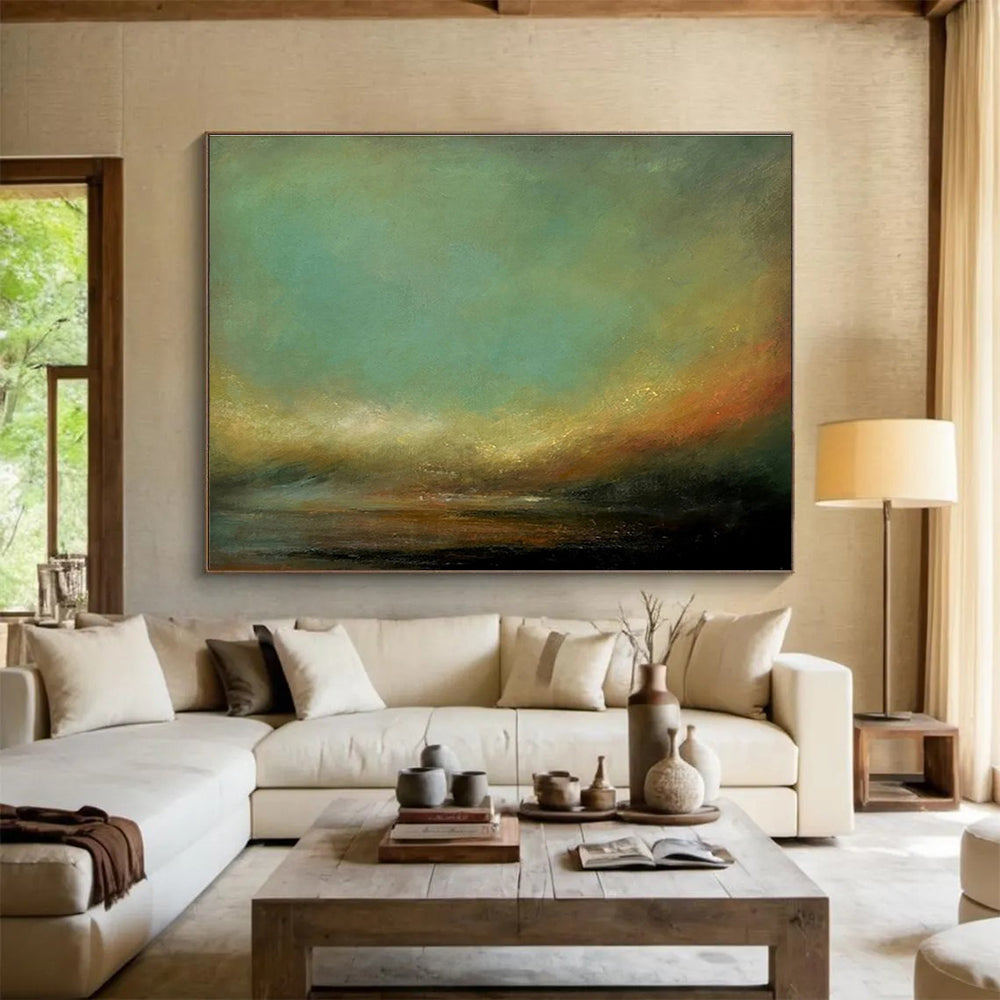 “Subtle Color Transition” - Green, Orange & Black Landscape, Impressionistic Oil Painting On Canvas DKS778
