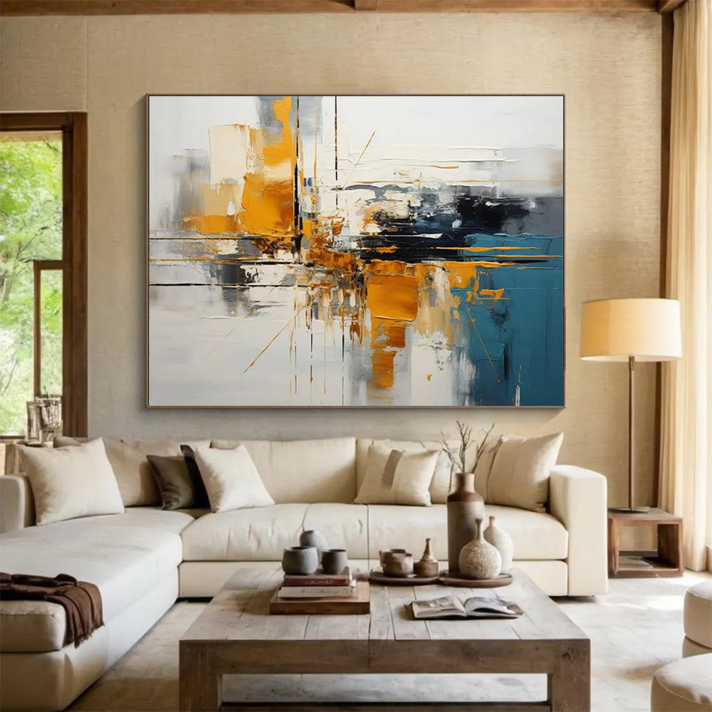 “Gold - Blue Abstract Cityscape” - Abstract Modernist - Painting On Canvas PT1753