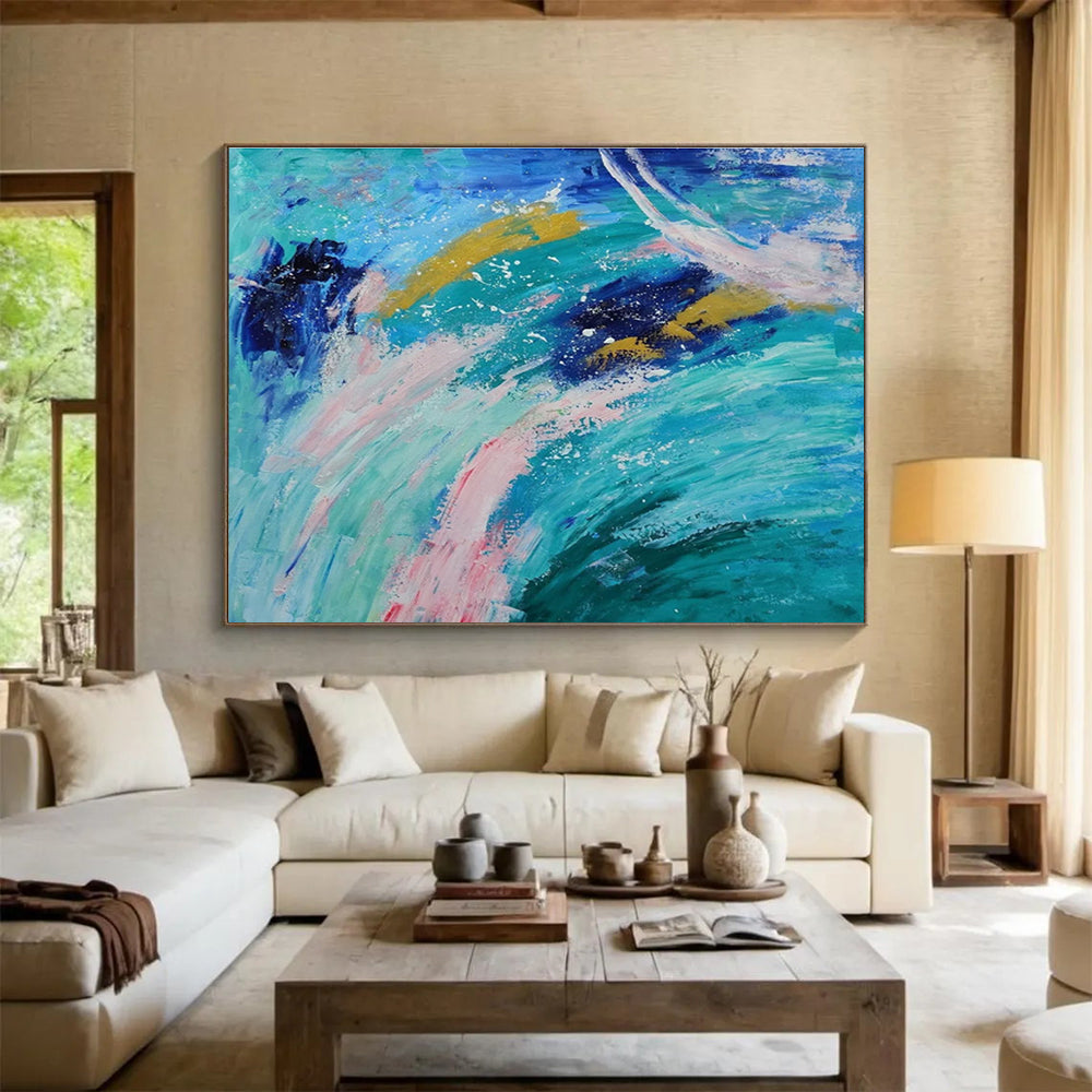 Ocean Waves Abstract: Blue, Green & Pink Expressionist Painting for Beach House & Coastal Café DKS654