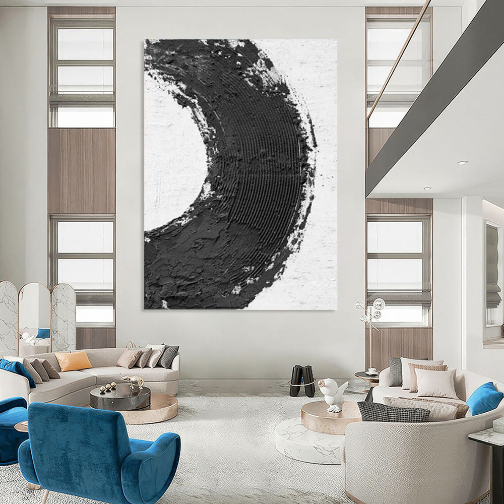 “Bold Black and White Circle” - Abstract, Graphic - Styled Painting On Canvas PT1675