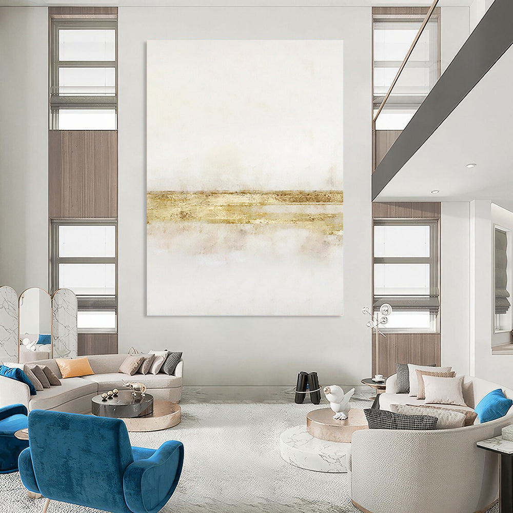 “White and Gold Minimalist Stripes” - Abstract, Metallic - Accented Painting On Canvas PT1538