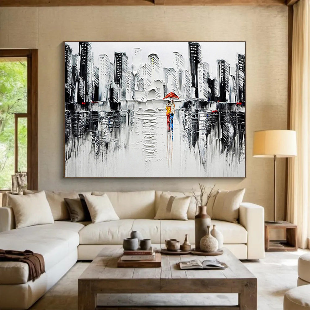 “Urban Rainy Day in Black and White with Red Accents” - Impressionistic Oil Painting On Canvas DKS895