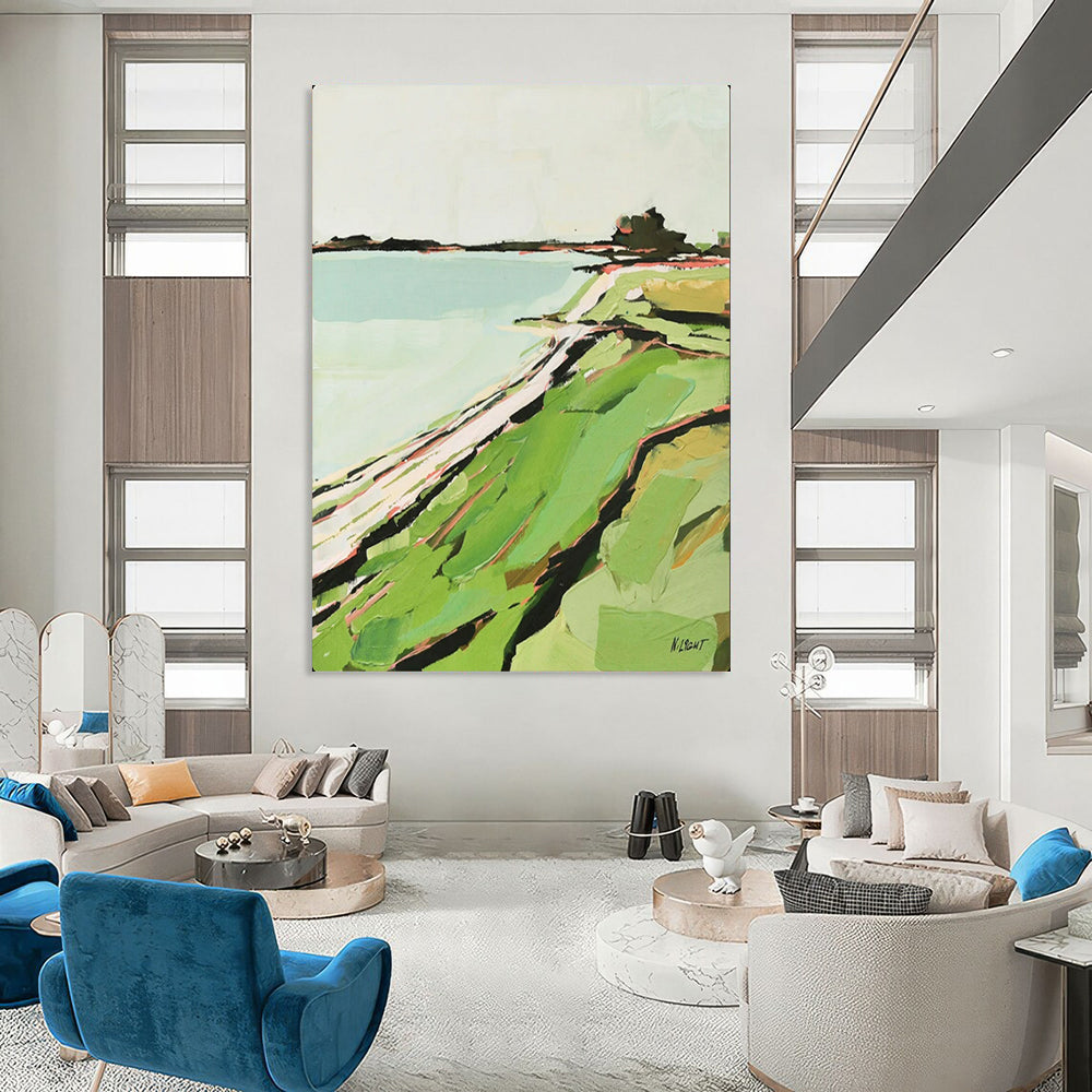 Coastal Contours Abstract Green & Blue Seaside, Painting On Canvas PT2147