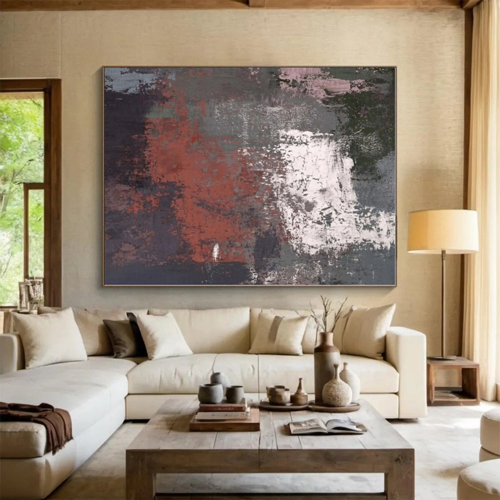 “Gray & Red Textured Abstract” - Textured Abstract Painting On Canvas PS0419