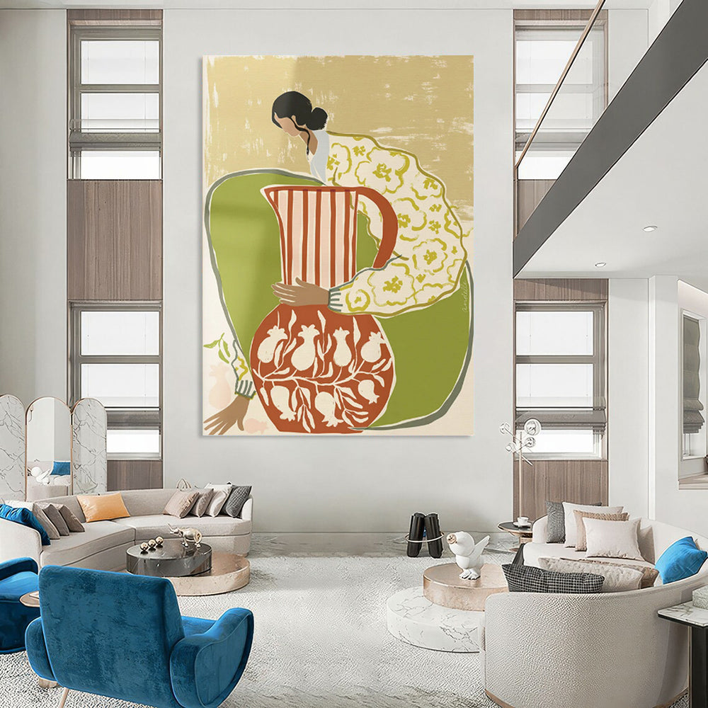 “Colorful Figure with Vessels” - Folk - Inspired Painting On Canvas PT1145