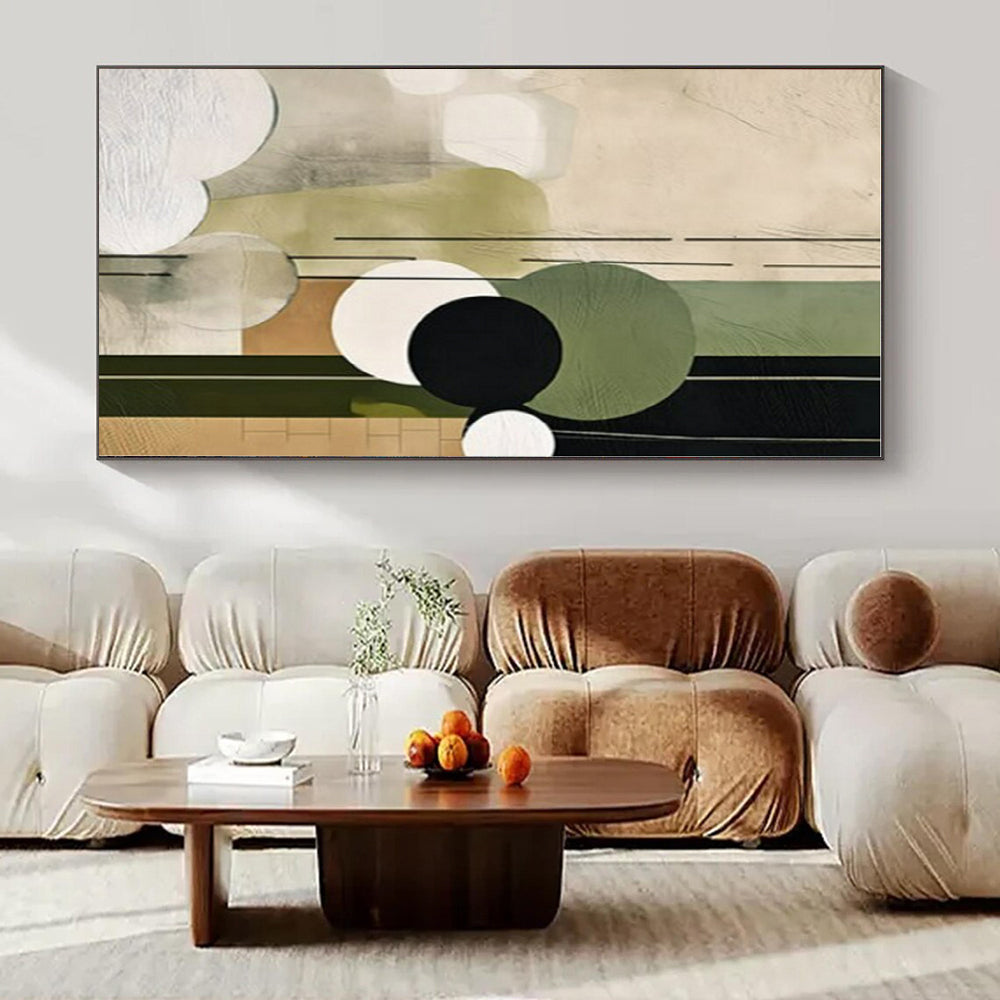 Green, Beige, Black with Circular Shapes "Circular Nature" Abstract Painting On Canvas PS1277