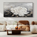 Gray, Black, Beige with Textured White Rose "Tactile Bloom" Abstract Painting On Canvas PS1466