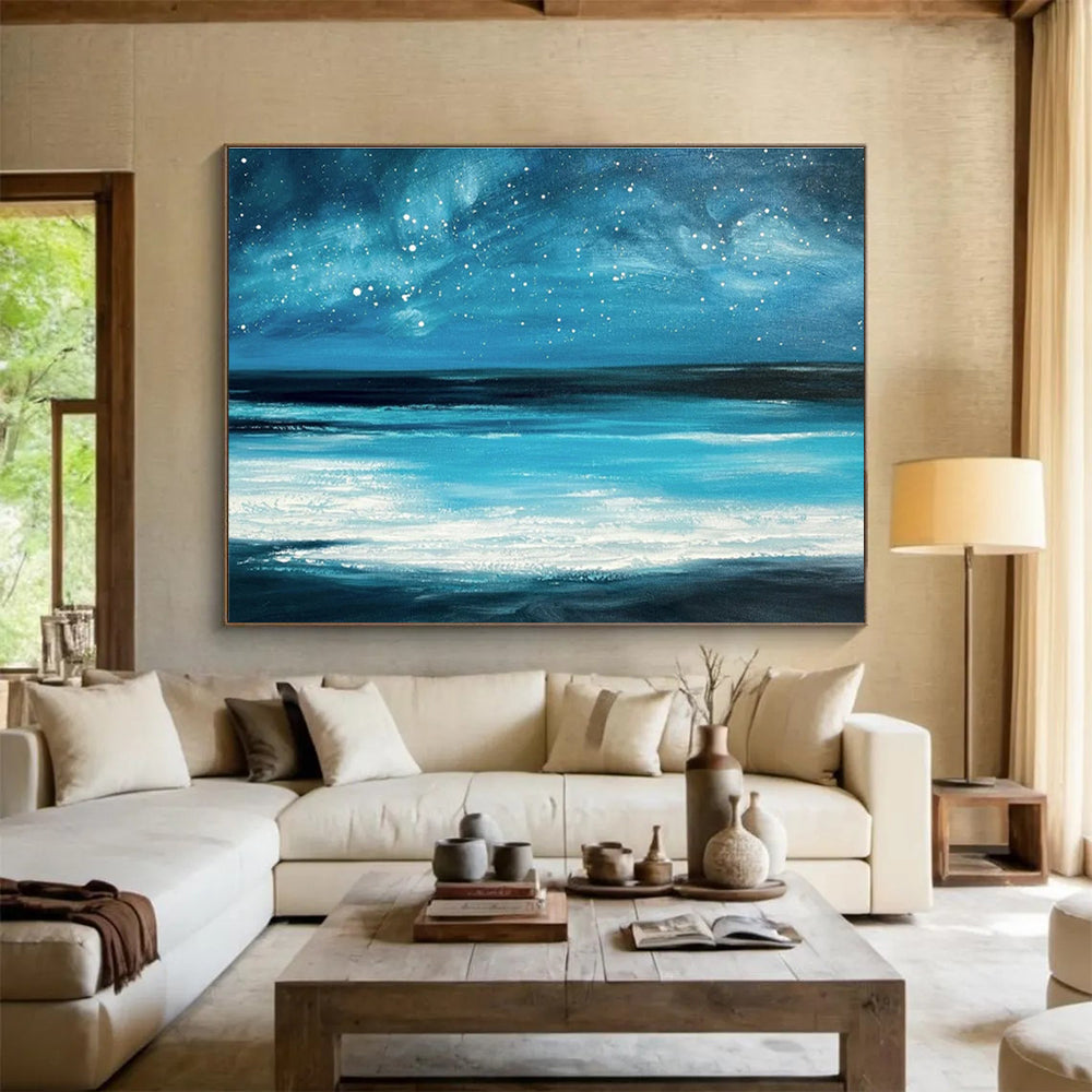 Blue Night Sky with Stars Over Turquoise Sea Seascape Painting On Canvas DKS104