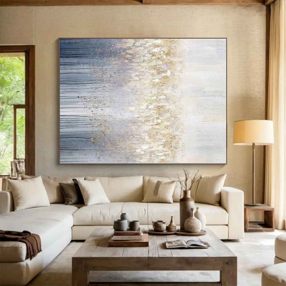 “Gold - White - Blue Abstract Forest” - Gold, White, Blue Abstract Landscape Painting On Canvas PS0592