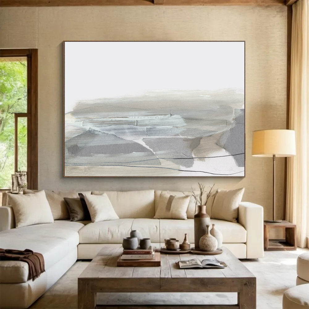 “Minimalist Gray and Beige Abstract Landscape” - Contemporary Landscape Painting On Canvas PT130