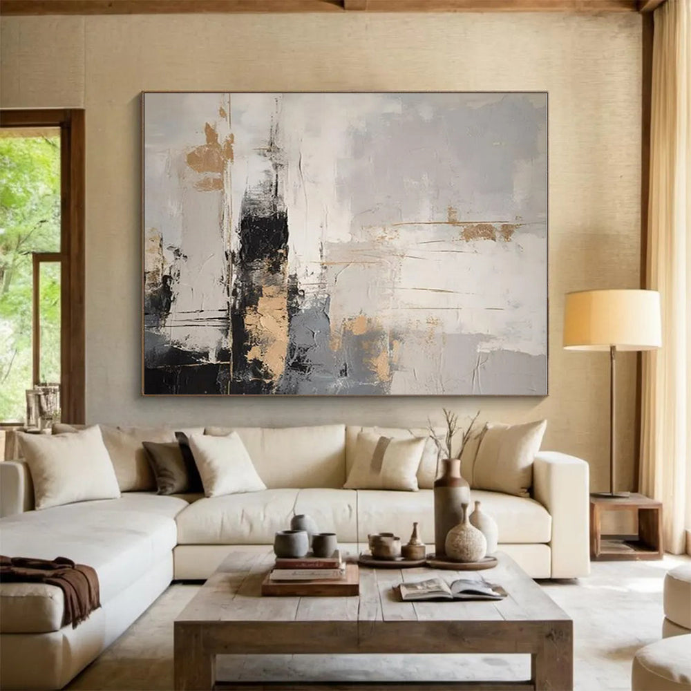 Gray, White & Gold Abstract Drips "City Lights" Painting On Canvas PS0863