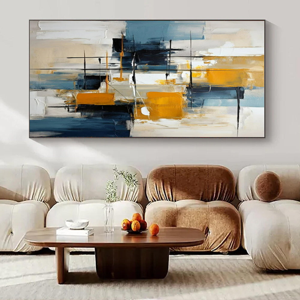 Blue, Yellow, Black, White with Dynamic Strokes "Urban Pulse" Abstract Painting On Canvas PS1452