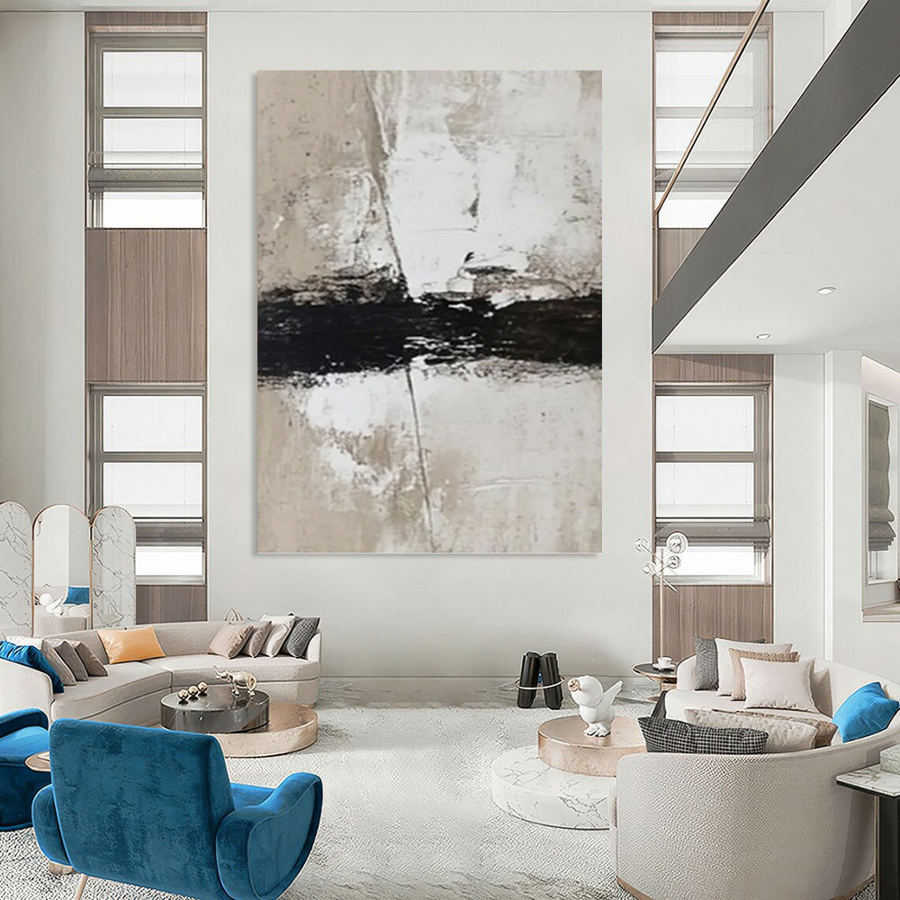 “Black, Beige and White Textured Abstract” - Minimalist Abstract Painting On Canvas PT0976