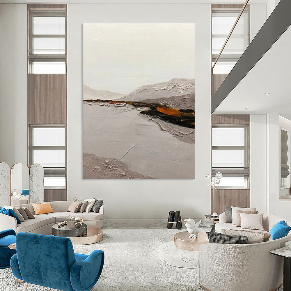 “Neutral Tones Landscape: Grey, White, and Subtle Orange” - Textured Landscape Painting On Canvas DS401