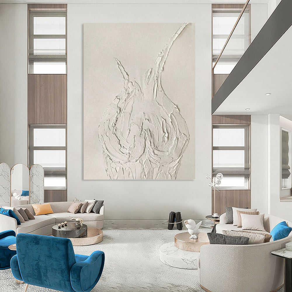 “White Textured Vase Abstract” - Sculptural Plaster Painting On Canvas PT0990