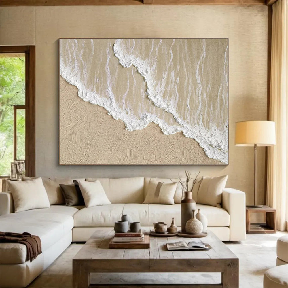 “Sandy Beach Waves” - Beige, White Abstract Seascape Painting On Canvas PS0662