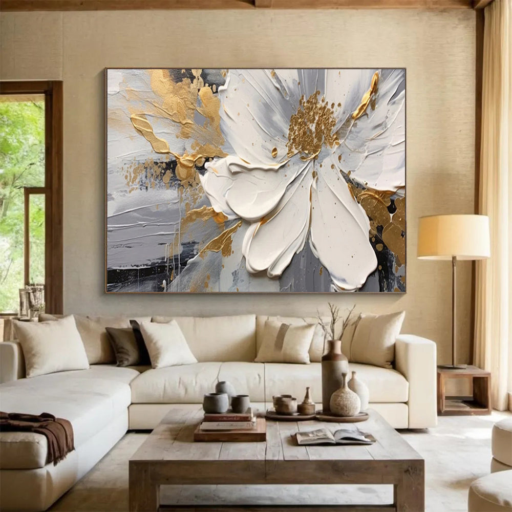 “White Flower & Gold Accents” - Impasto Floral - Painting On Canvas PT1703