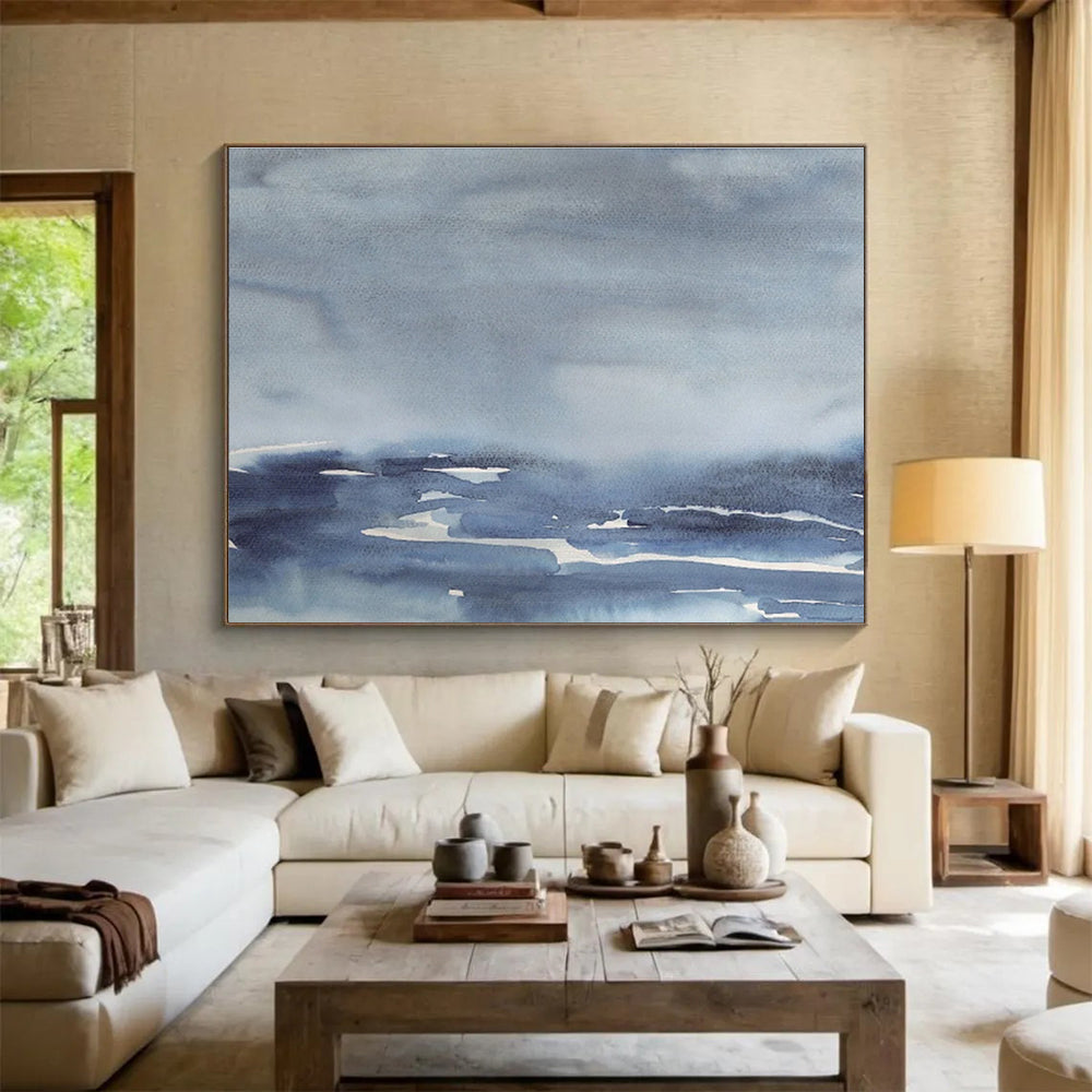 “Muted Blue Watercolor Seascape” Watercolor Painting On Canvas DKS168