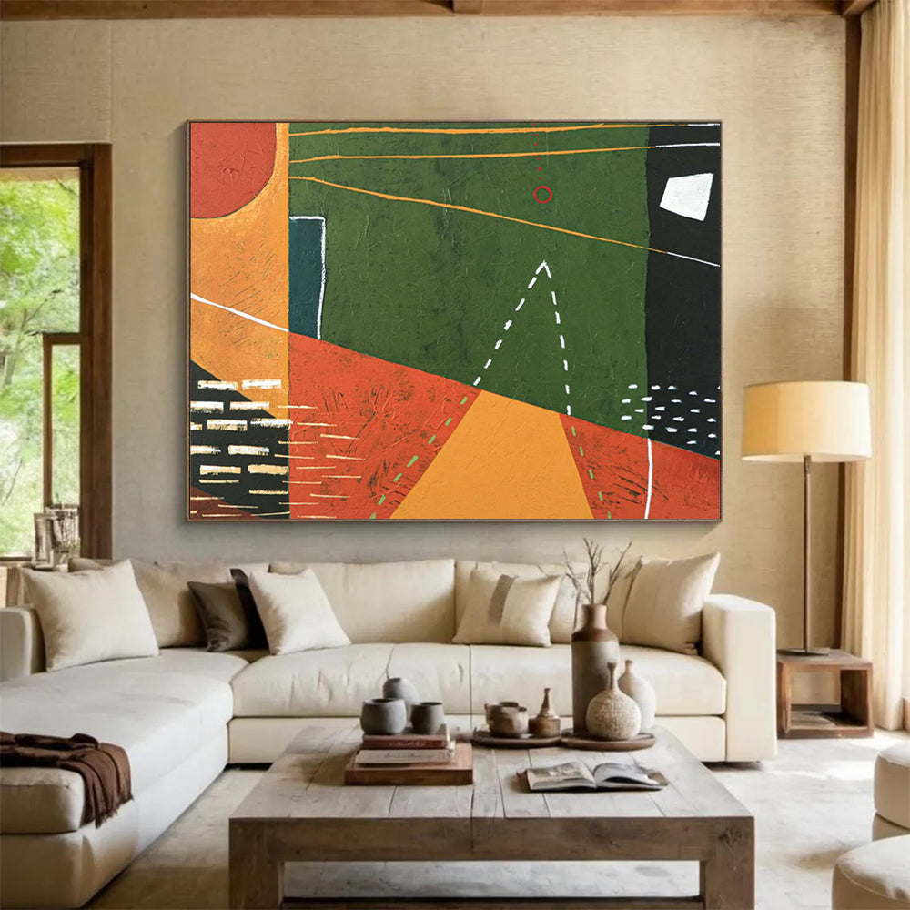 “Geometric Abstraction in Green, Orange, Red” Geometric Abstract Painting On Canvas PT1808