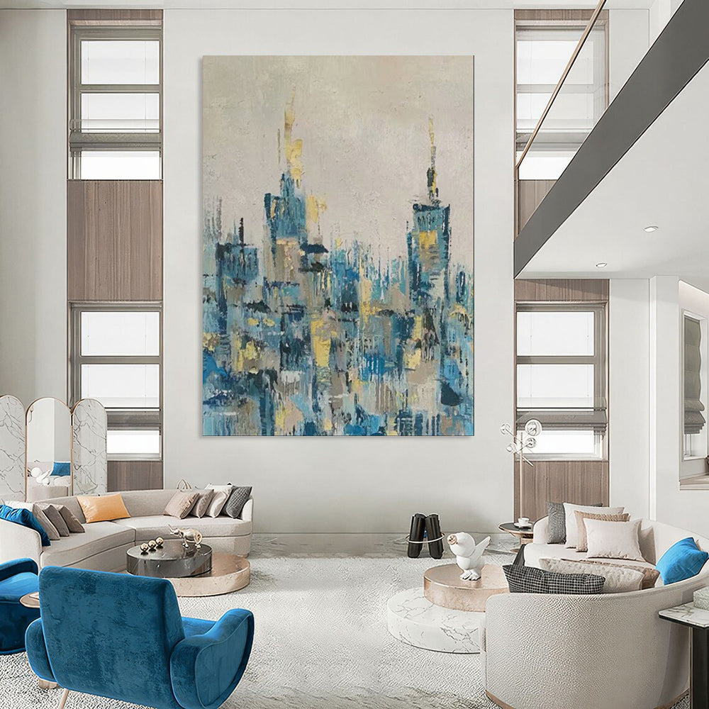 “Blue - Gold Abstract City Skyline” - Oil Painting On Canvas PT2080