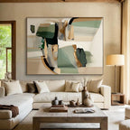 “Green - Gold Abstract Fusion” - Green, Gold, Beige Abstract Geometric Painting On Canvas PS0764