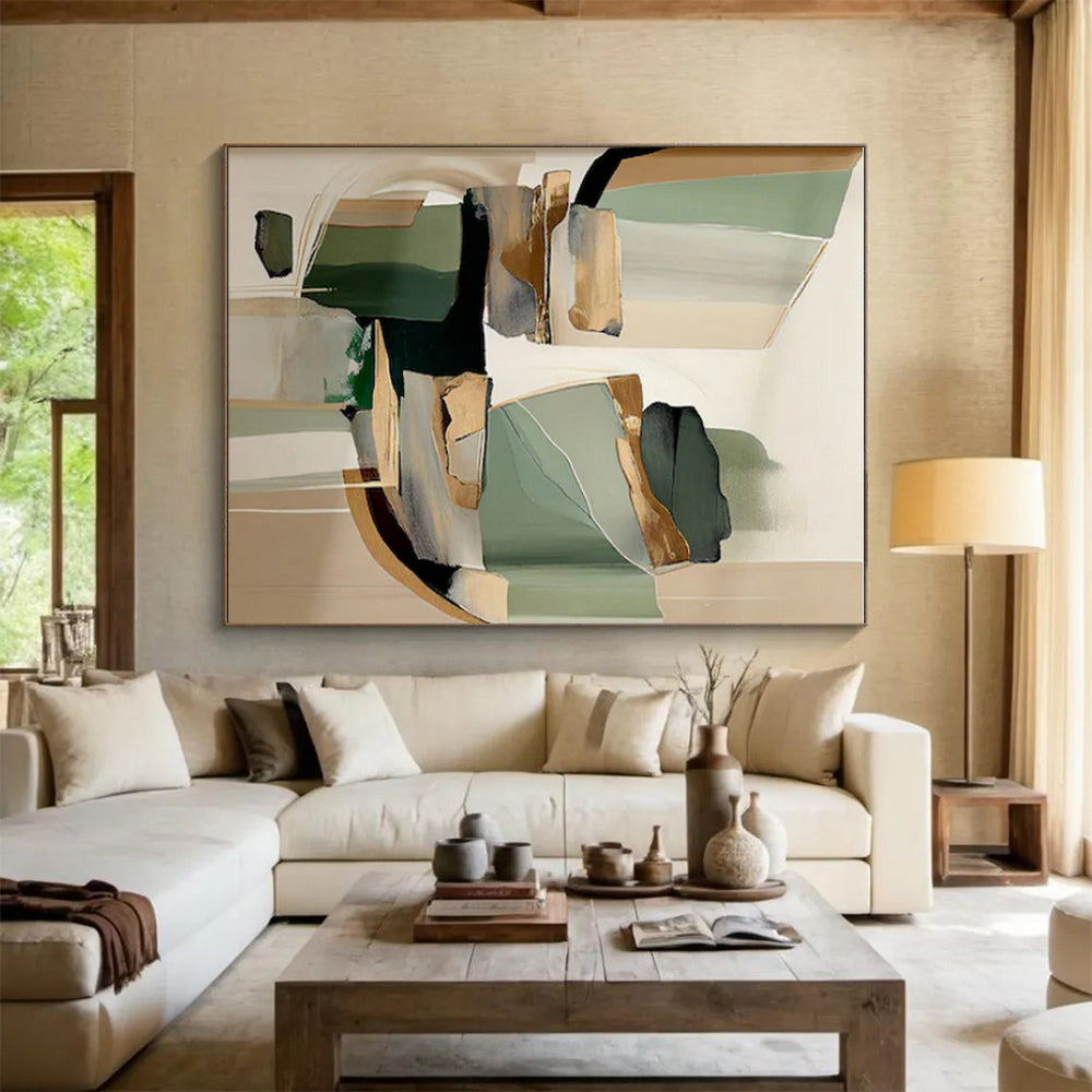 “Green - Gold Abstract Fusion” - Green, Gold, Beige Abstract Geometric Painting On Canvas PS0764