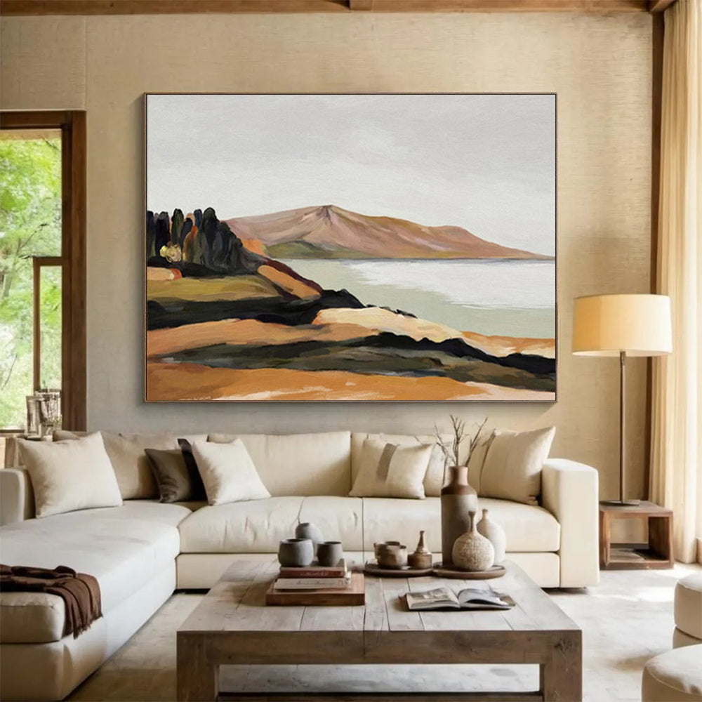 “Minimalist Coastal View” - Brown, Green & Blue Landscape, Modern Oil Painting On Canvas DKS729