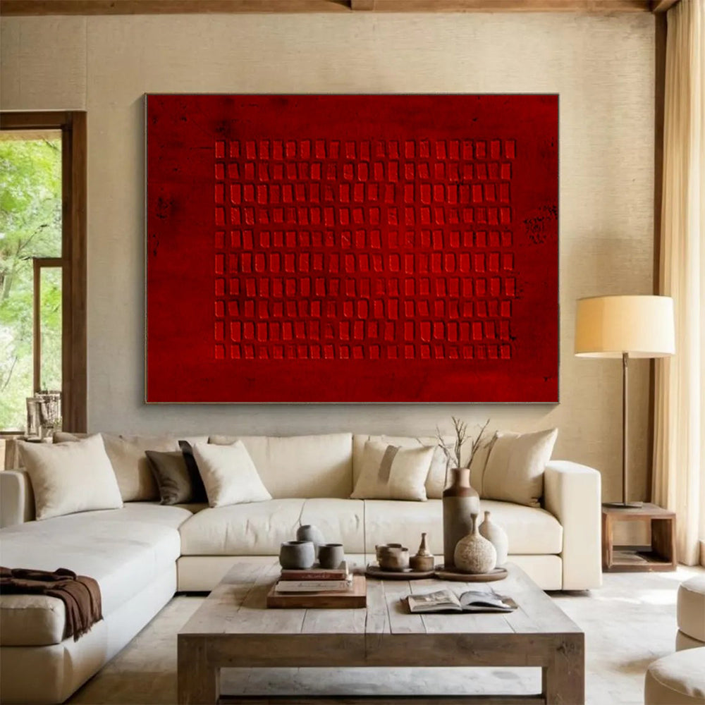 “Red Textured Grid” - Bold Red “Crimson Layers” Painting On Canvas PT1651