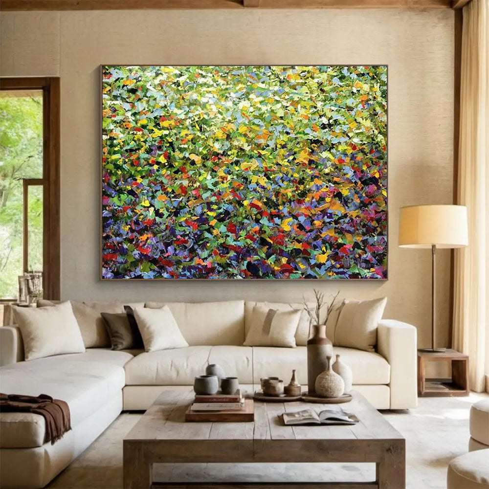 “Vibrant Green Field of Colorful Dots” Pointillist Abstract Painting On Canvas PT1797