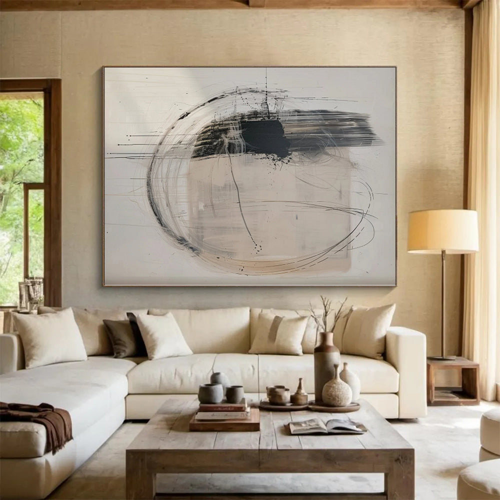 “Dynamic Black - White Abstract with Circular Lines” - Expressive Abstract Painting On Canvas PS0273