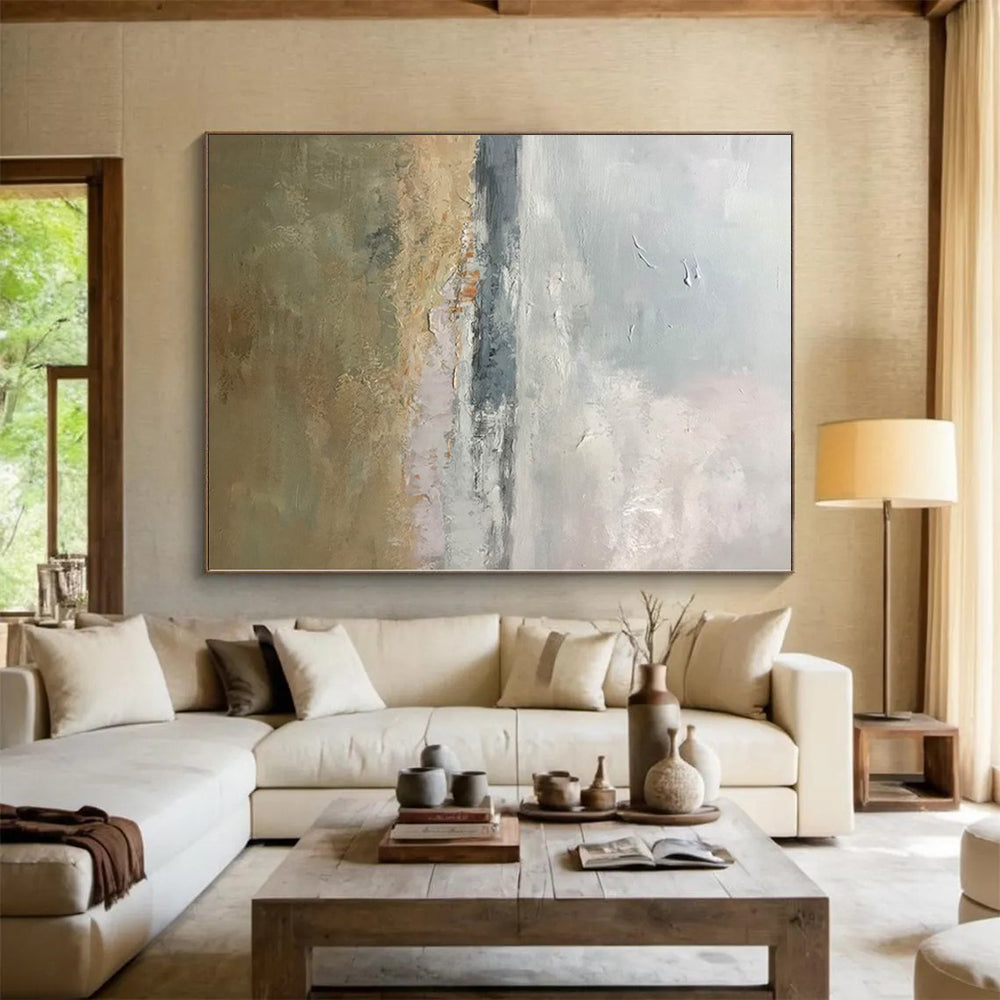 “Soft Grey - Beige - Blue Abstract Landscape” - Serene Abstract Painting On Canvas PS0308
