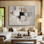 Beige, Gray & Black Geometric Abstract "Urban Grid" Painting On Canvas PS0868