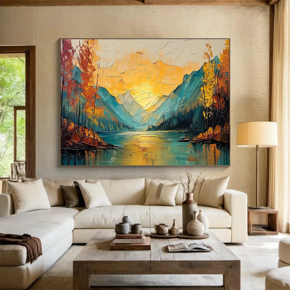 “Sunset - Lit Mountain Lake” - Impasto Oil Painting on Canvas DKS907