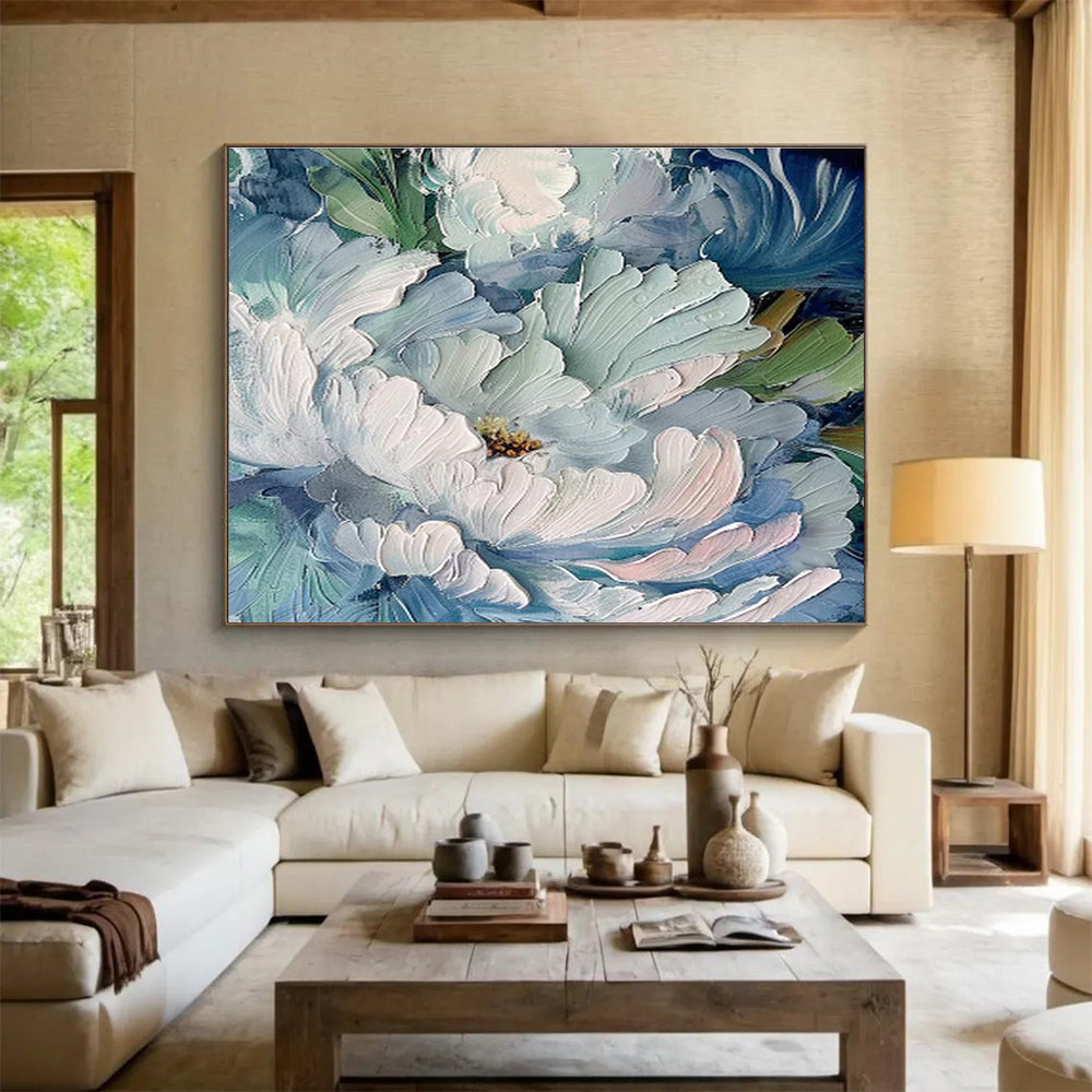 Aqua Peonies - Textured Floral Oil Painting, Ideal for Bathroom & Sunroom DKS675