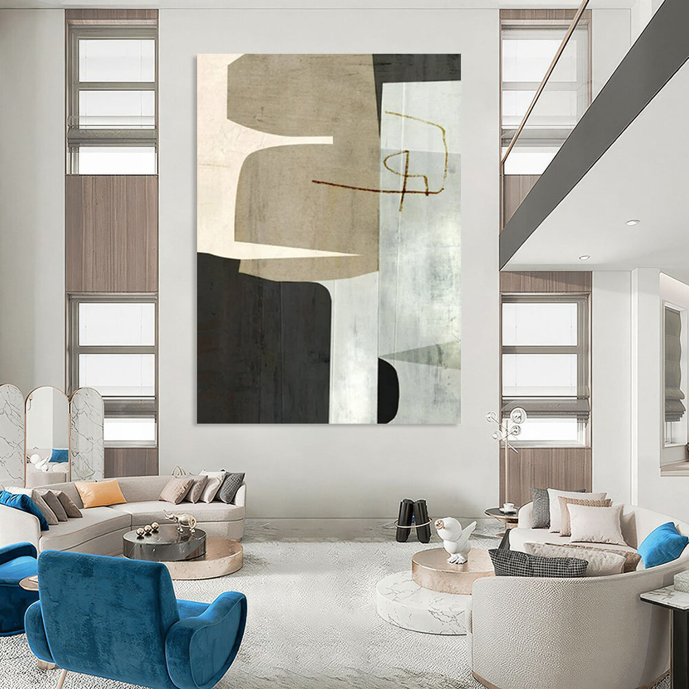 “Beige - Black Geometric” - Modernist Abstract Painting On Canvas PT2319