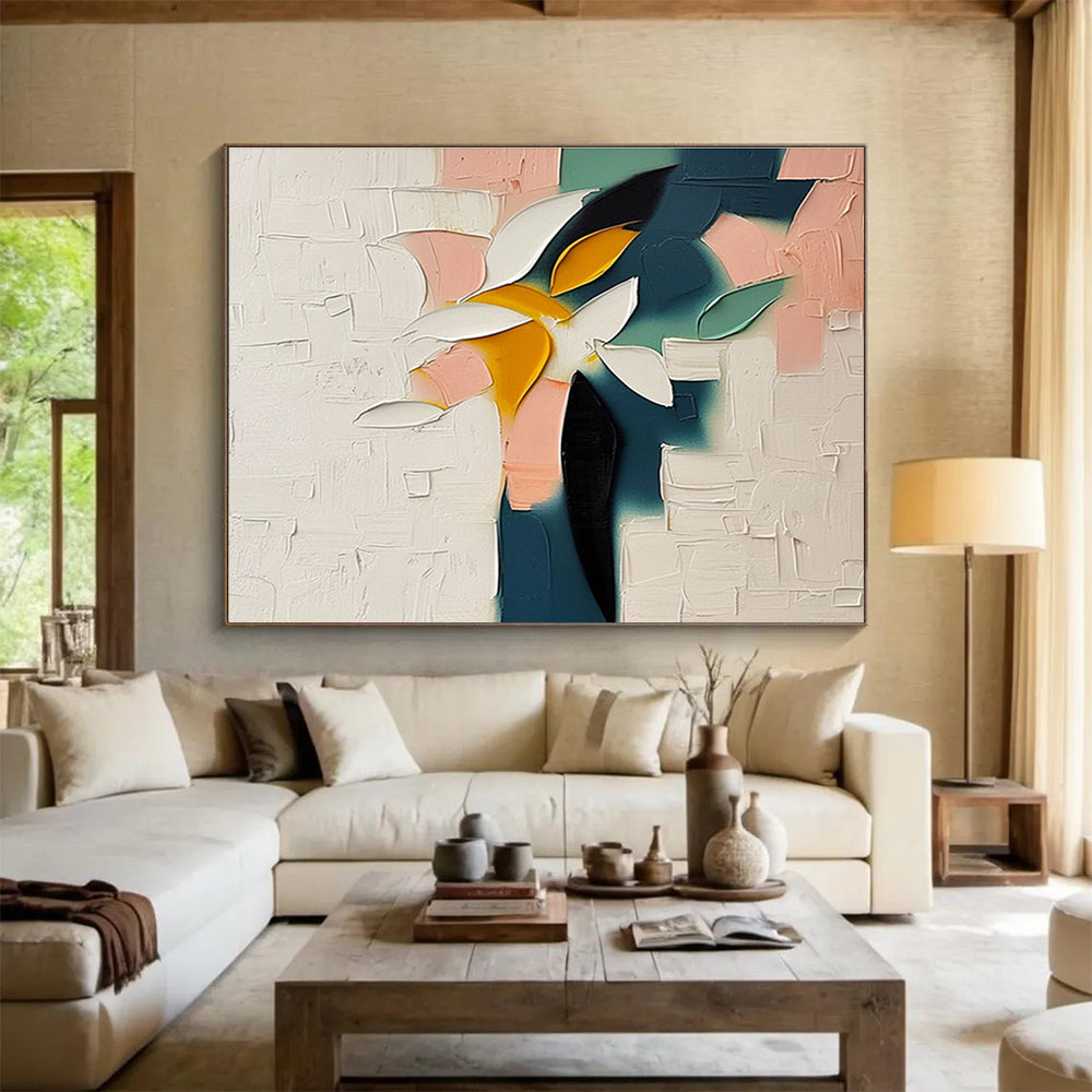 “Color - Block Flower” - White, Yellow & Pink Floral, Contemporary Oil Painting On Canvas DKS747