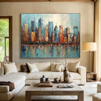 “Colorful Cityscape Reflection” - Impasto Urban Painting On Canvas PT077