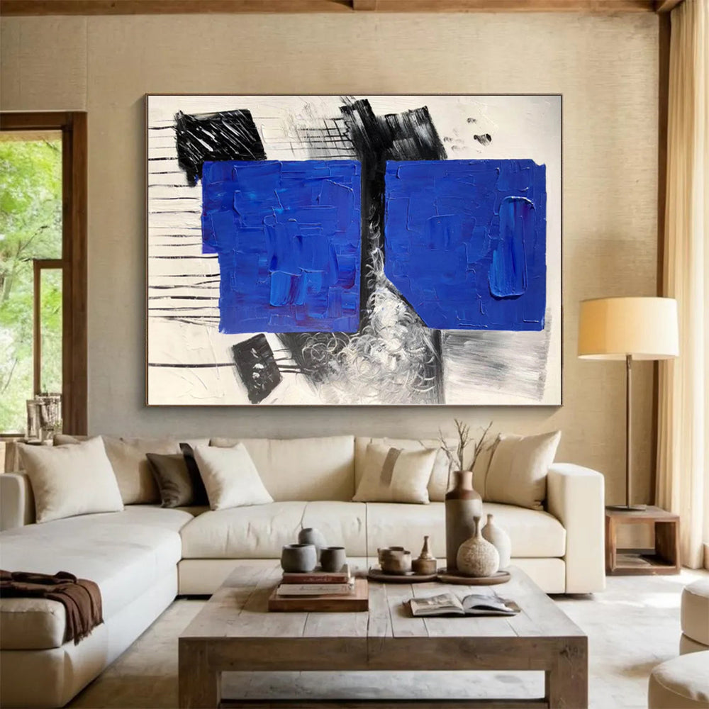 “Blue - Black - White Abstract Textured Squares” - Tactile Abstract Painting On Canvas PS0330