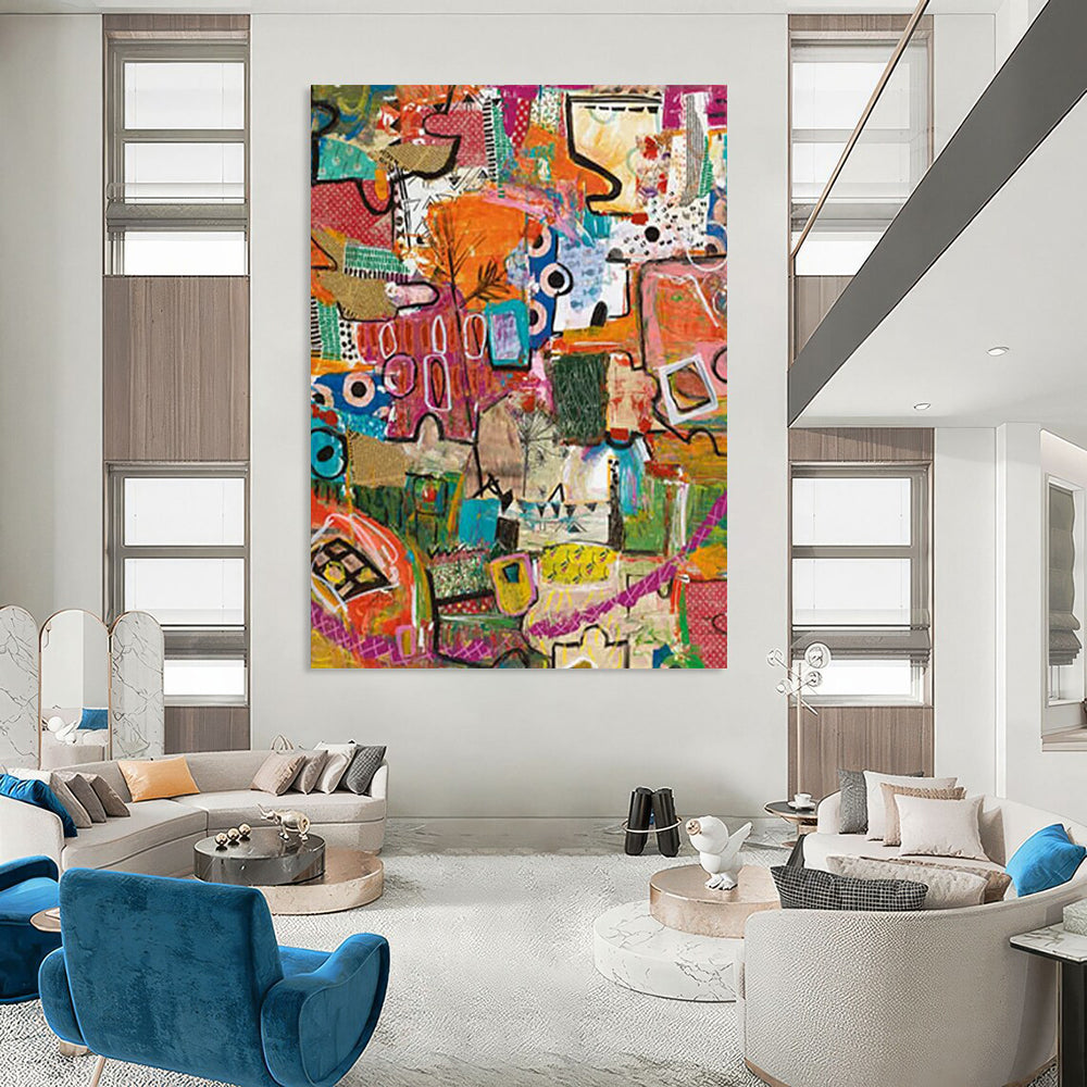 “Colorful Patchwork Abstract” - Quirky Abstract Painting On Canvas DS293