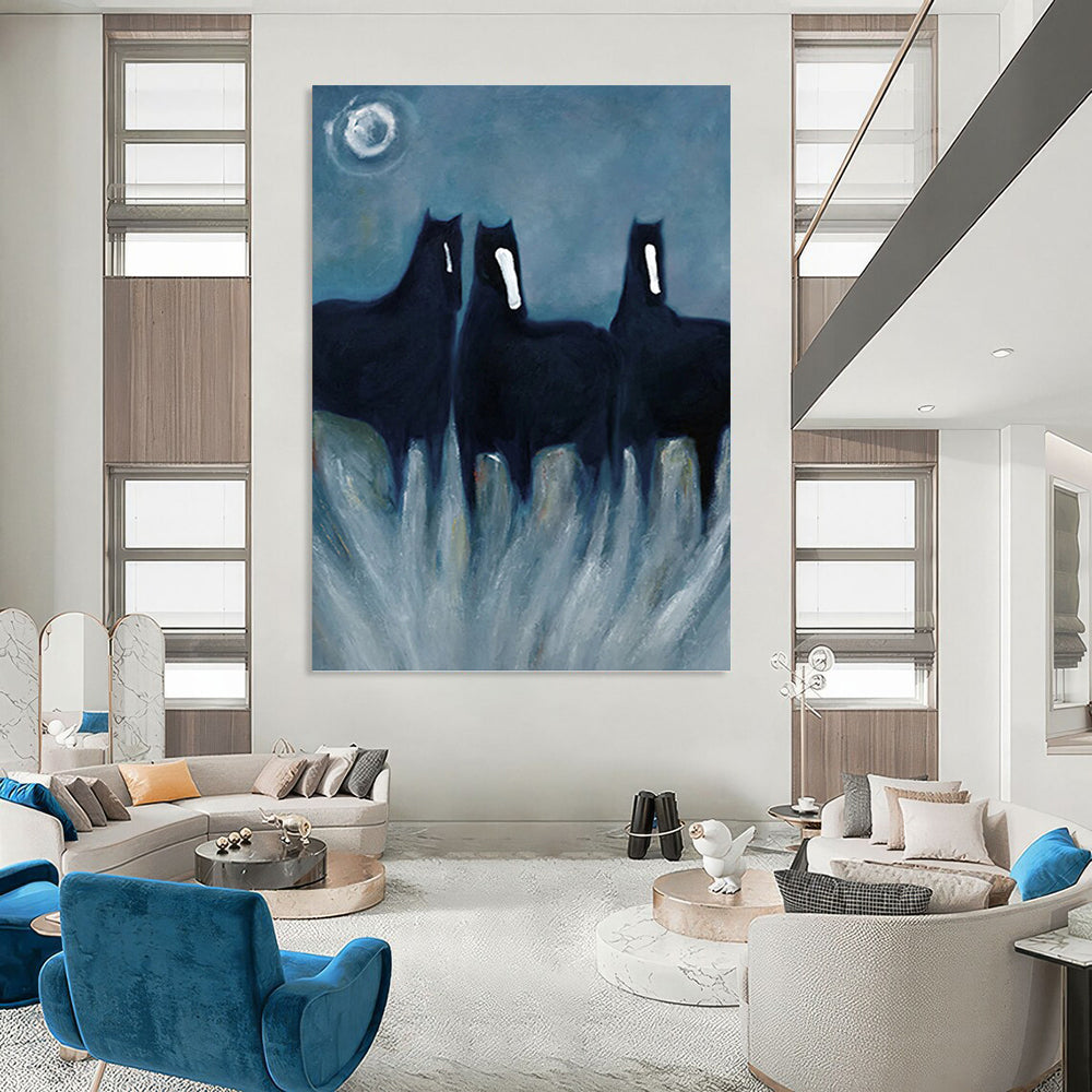 “Mystical Black Horses” - Expressionist - Inspired Animal Painting On Canvas PT1444