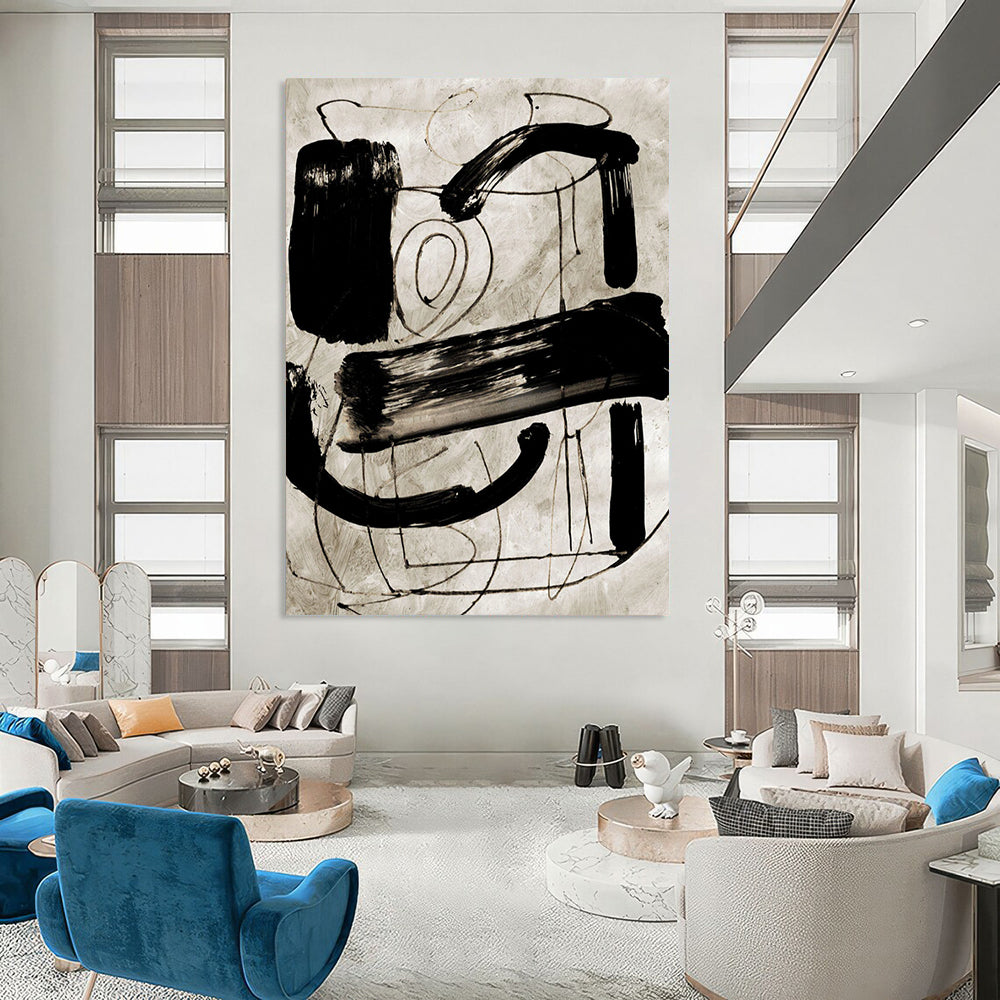 “Black Ink Abstraction” - Bold Strokes on Light Background Painting On Canvas DS169