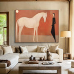 “Woman And Horse Silhouette” - Red, White & Black Figurative, Minimalist Painting On Canvas DKS730