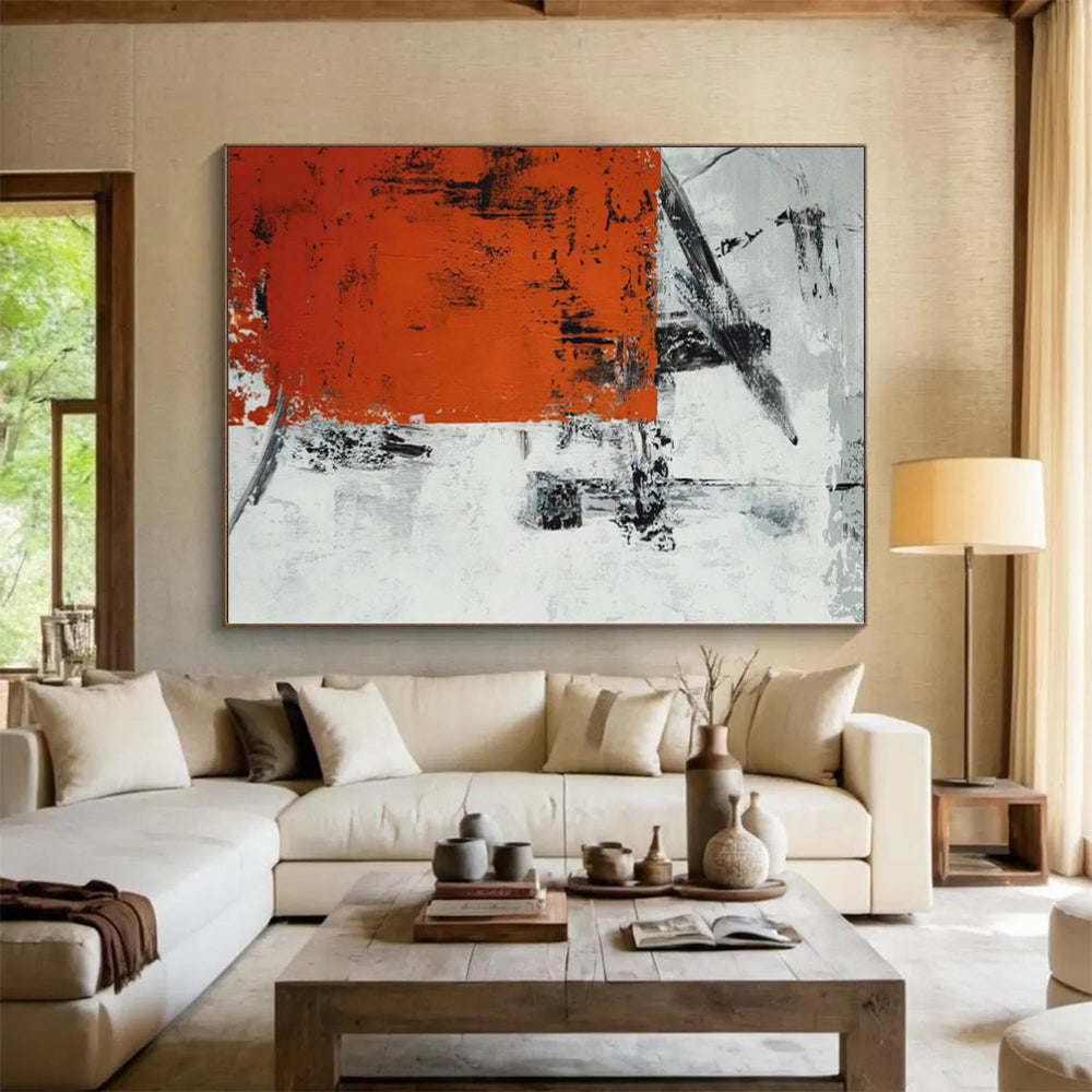 “Orange - Grey Abstract Textured Rectangle” - Rustic Abstract Painting On Canvas PS0332