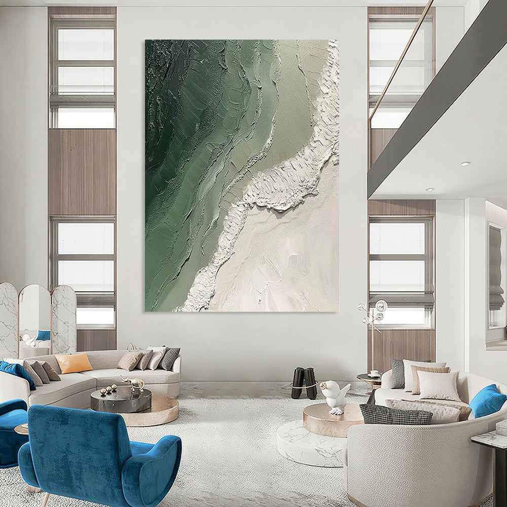 “Green and White Textured Landscape” - Abstract Impasto Painting On Canvas PT2353
