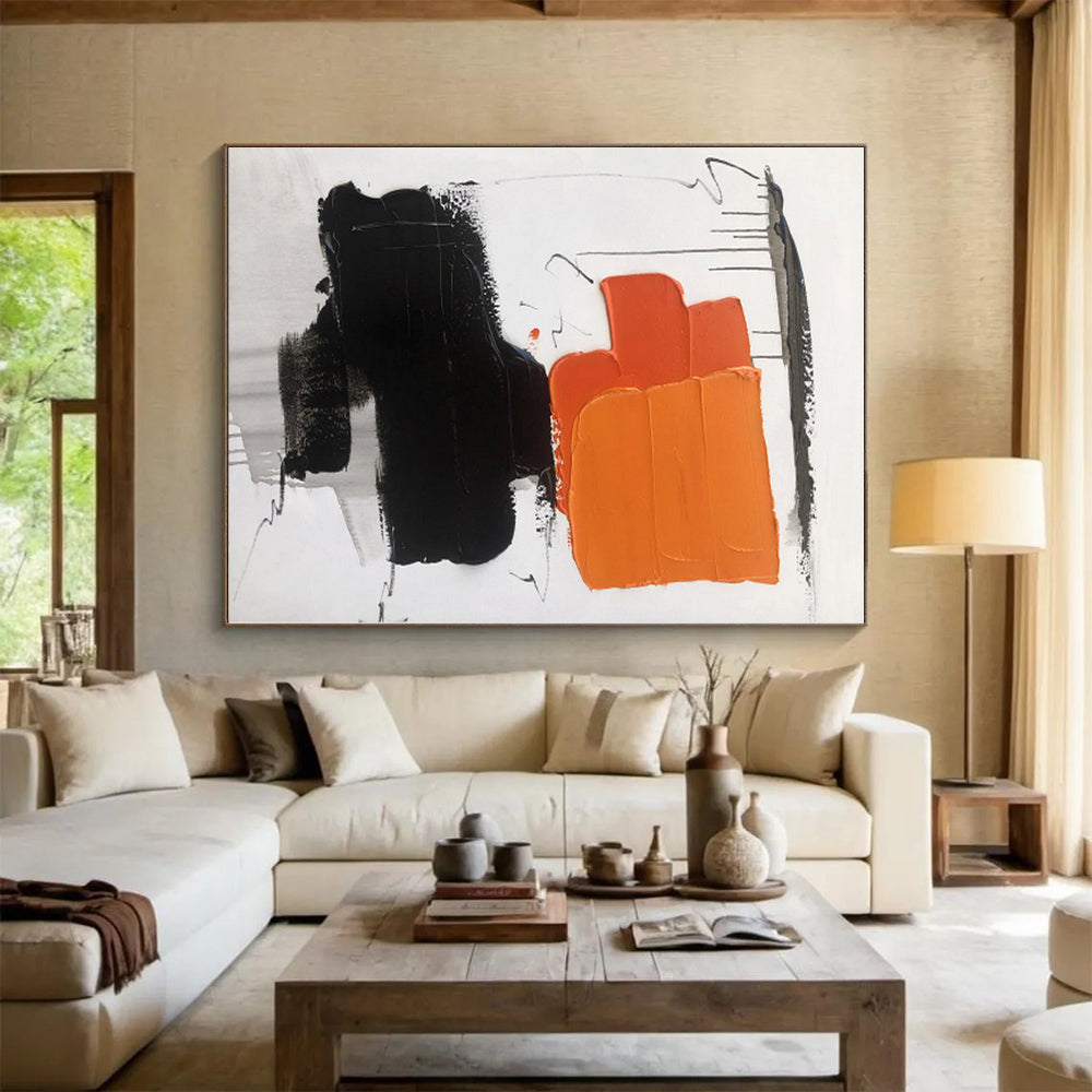 “Orange - Black Expressive Abstraction” - Orange, Black, Gray Abstract Painting On Canvas PS0490