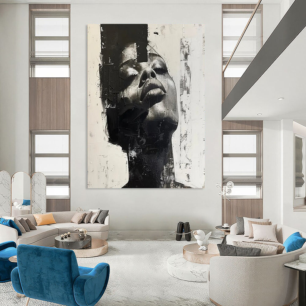 “Abstract Portrait” - Textured Black & White Facial Layers Painting On Canvas DS139