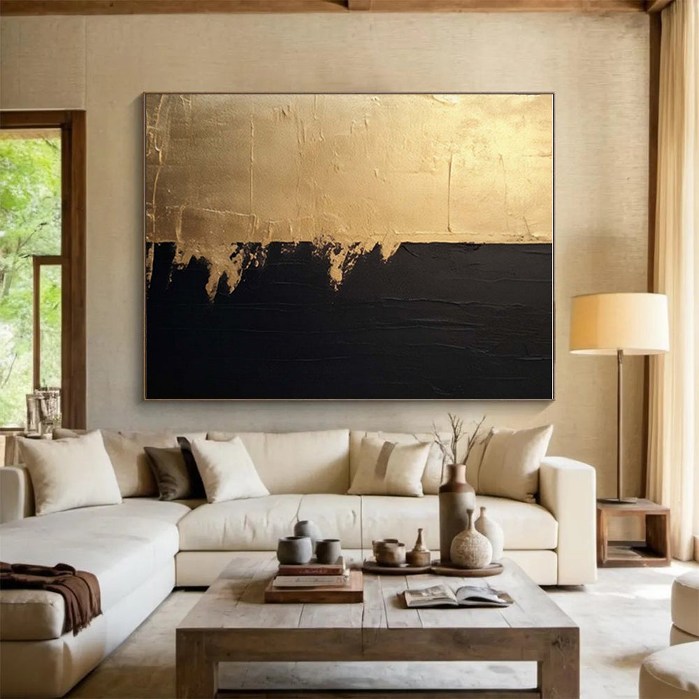 “Gold & Black Contrast” - Gold, Black Abstract Minimalist Painting On Canvas PS0690